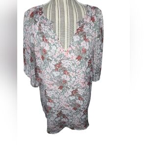 Women's Floral V-Neck Blouse - Pink,White and Gray Size XL